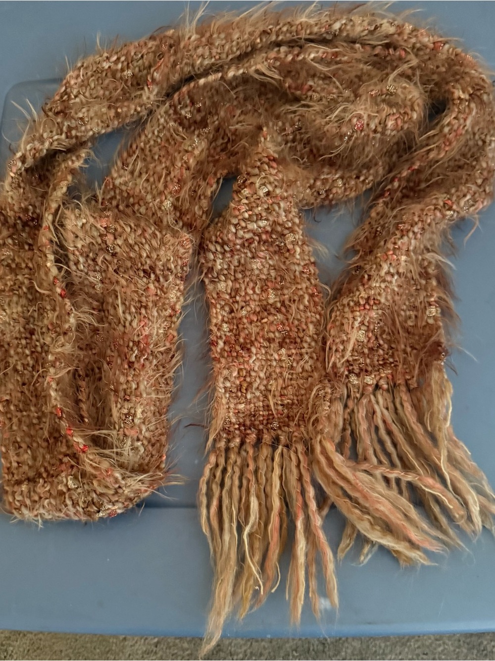 Super soft fuzzy Fringe Knit Scarf in Tan with Coral Flecks